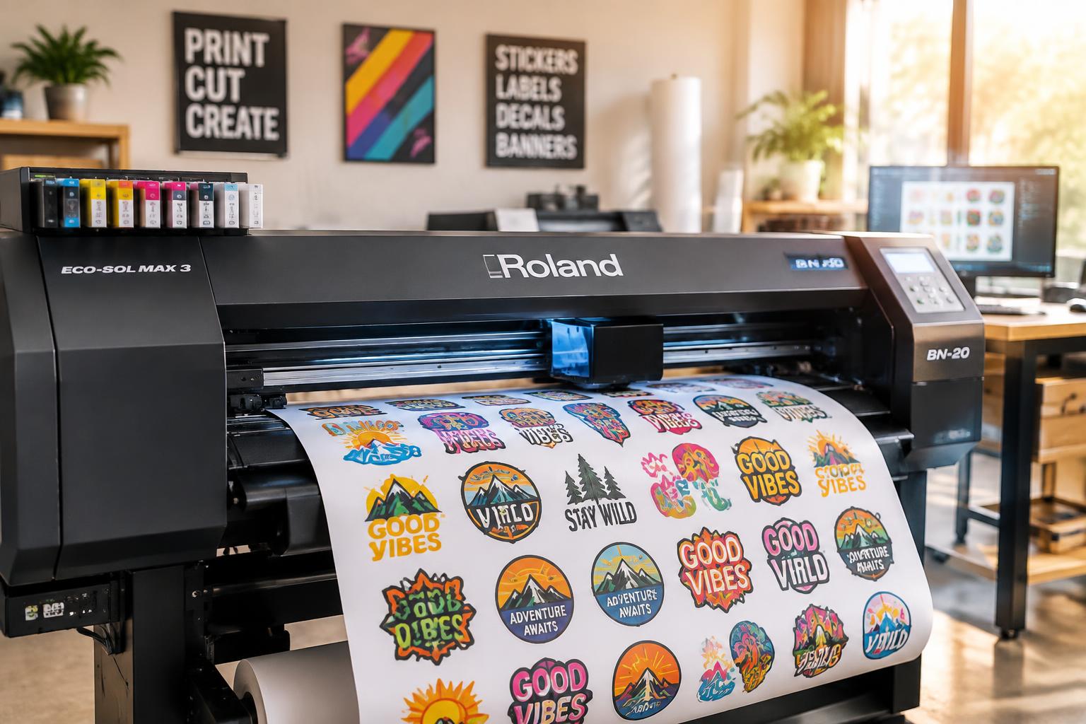 Roland print- og skæremaskine i vores værksted
